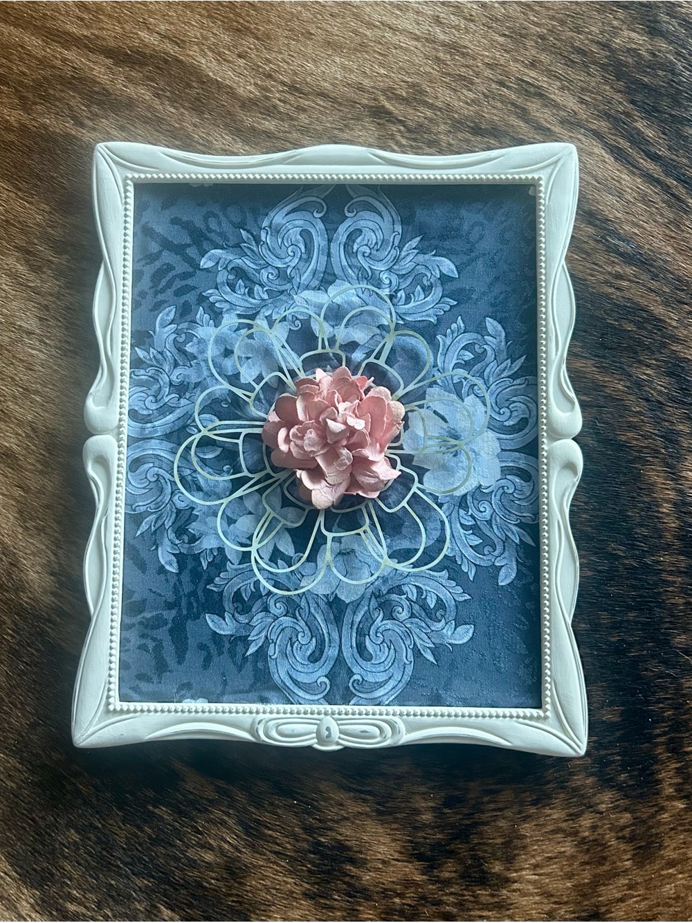 Decorative Pink Paper Flower Wall Accent in Off White Metal Frame - Home Accents